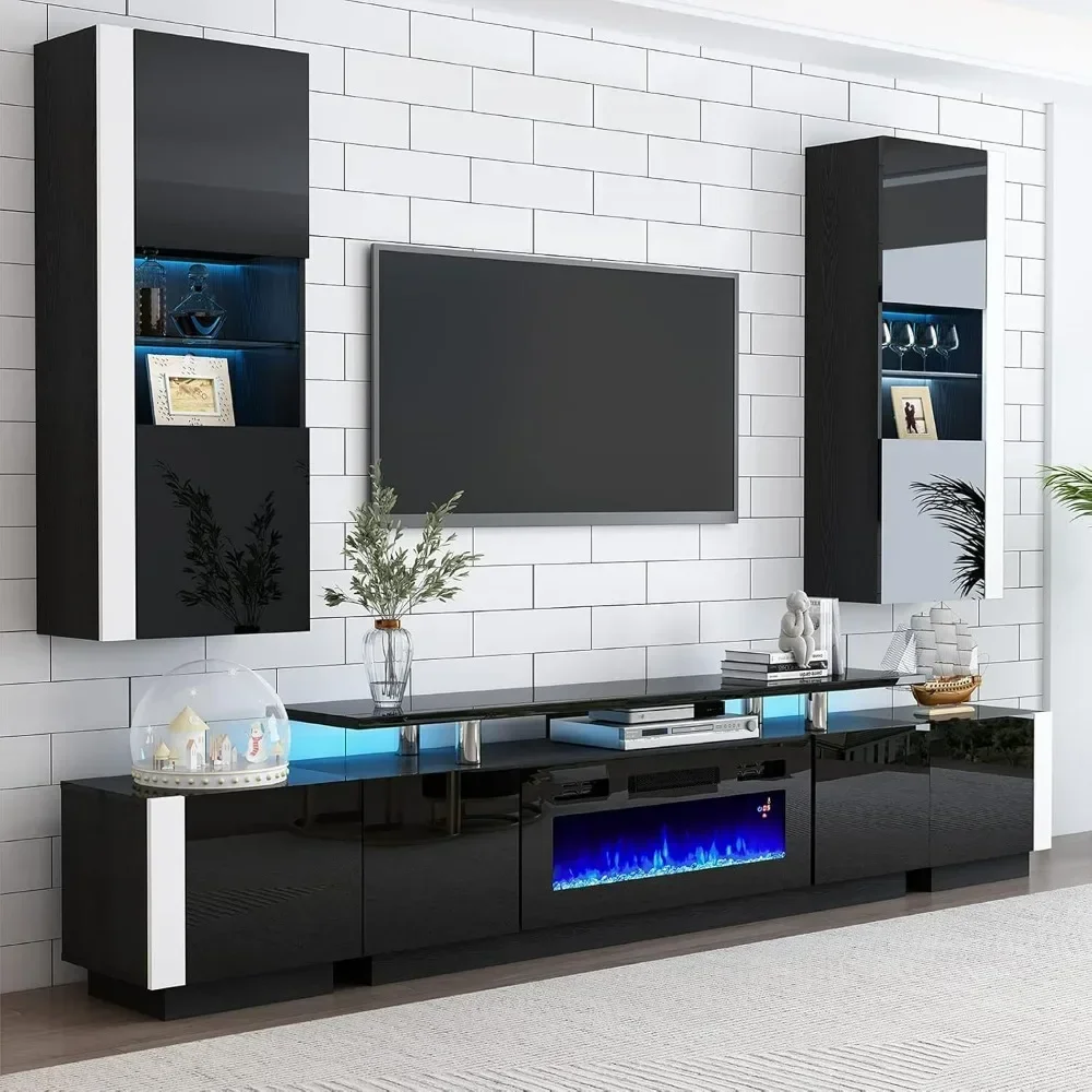 TV Stand with Fireplace and Bookshelves, 2-Tier Fireplace TV Stand, 2 X Wall Cabinets & 2 X End Tables, LED Lights TV Console