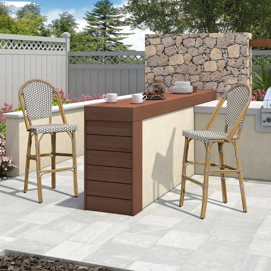 French Bar Stool Set of 2 Bamboo Print Finish Patio Bar Stools with Back Rattan Chairs Wicker Bar Height Stool 30 with Footrest