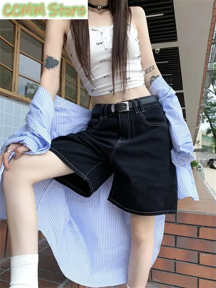 Summer Women's Black High Waisted Wide Leg Mid Length Pants Young Girl Bottom Female Bright Line Decoration Black Denim Shorts