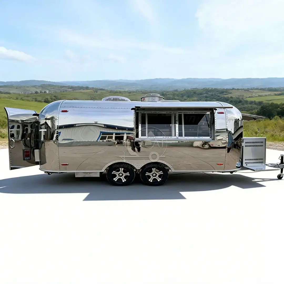 Customized Commercial Food Truck Mirror Polished Mobile Kitchen with Refrigerator And Worktable for Street Food Business
