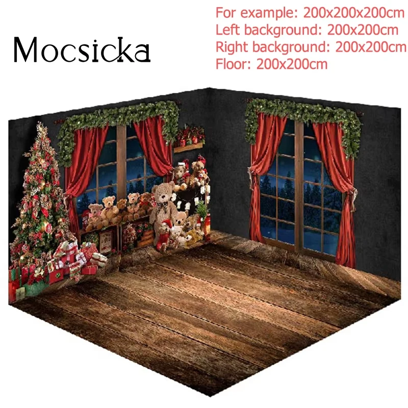 Mocsicka Christmas Photo Background 3pcs Combination Set Children Portrait Xmas Tree Room Decoration Studio Photography Backdrop