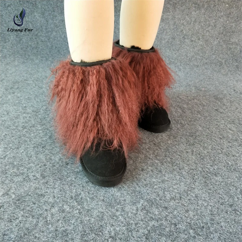 Women Winter Boots Curly Mongolian Fur Snow Boots Fluffy Warm Real Sheep Wool Boots Plush Fashion Boots Ladies Tibetan Fur Boot