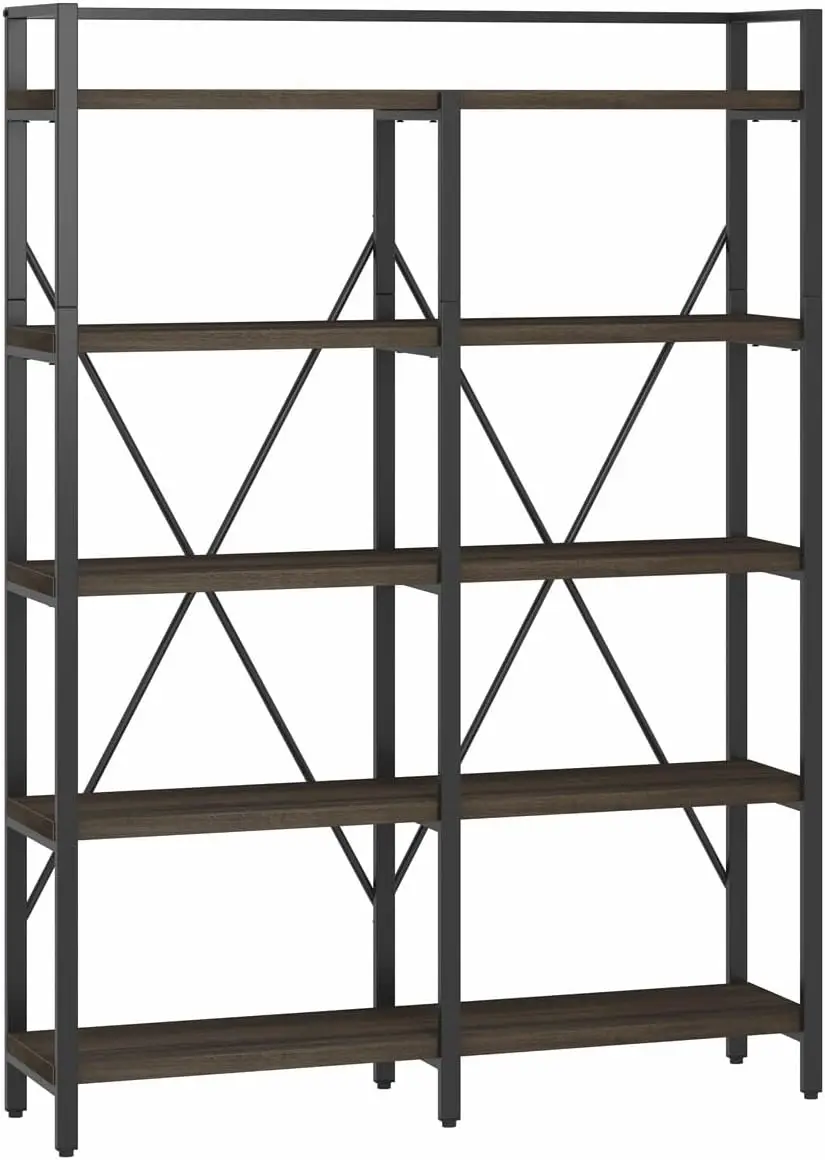 

FATORRI Bookshelf, Industrial 5 Tier, Rustic Wood and Metal Bookcase