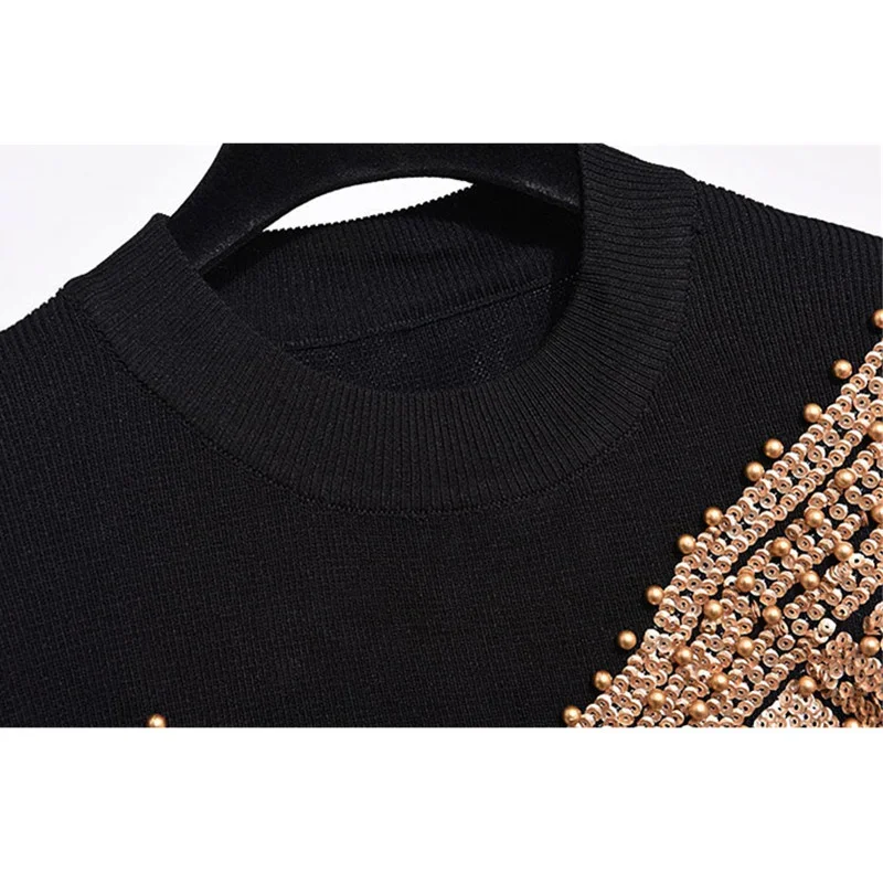 

Autumn Loose Knit Women 2 Piece Suit Handmade Beading Sequins Phoenix Pattern Knitted Sweater Tops Casual Trousers Tracksuit Set