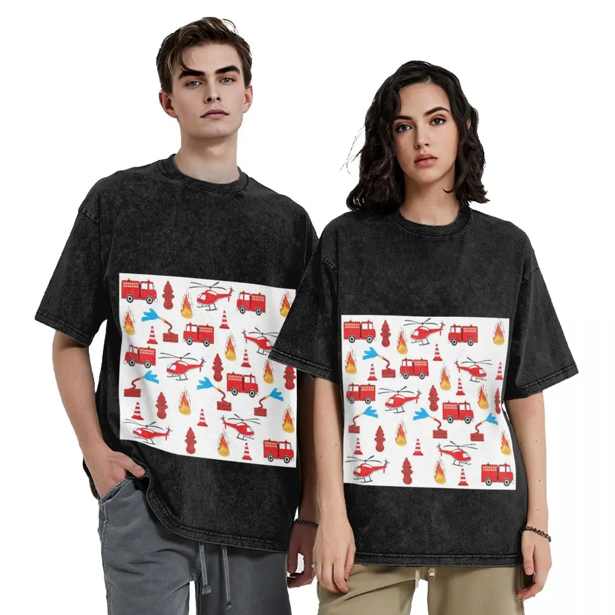 Red Transport Fire Truck Engine Brigade Hip Hop Short Sleeve T-Shirts Washed Tops Tees Streetwear T Shirt Harajuku for Men woman