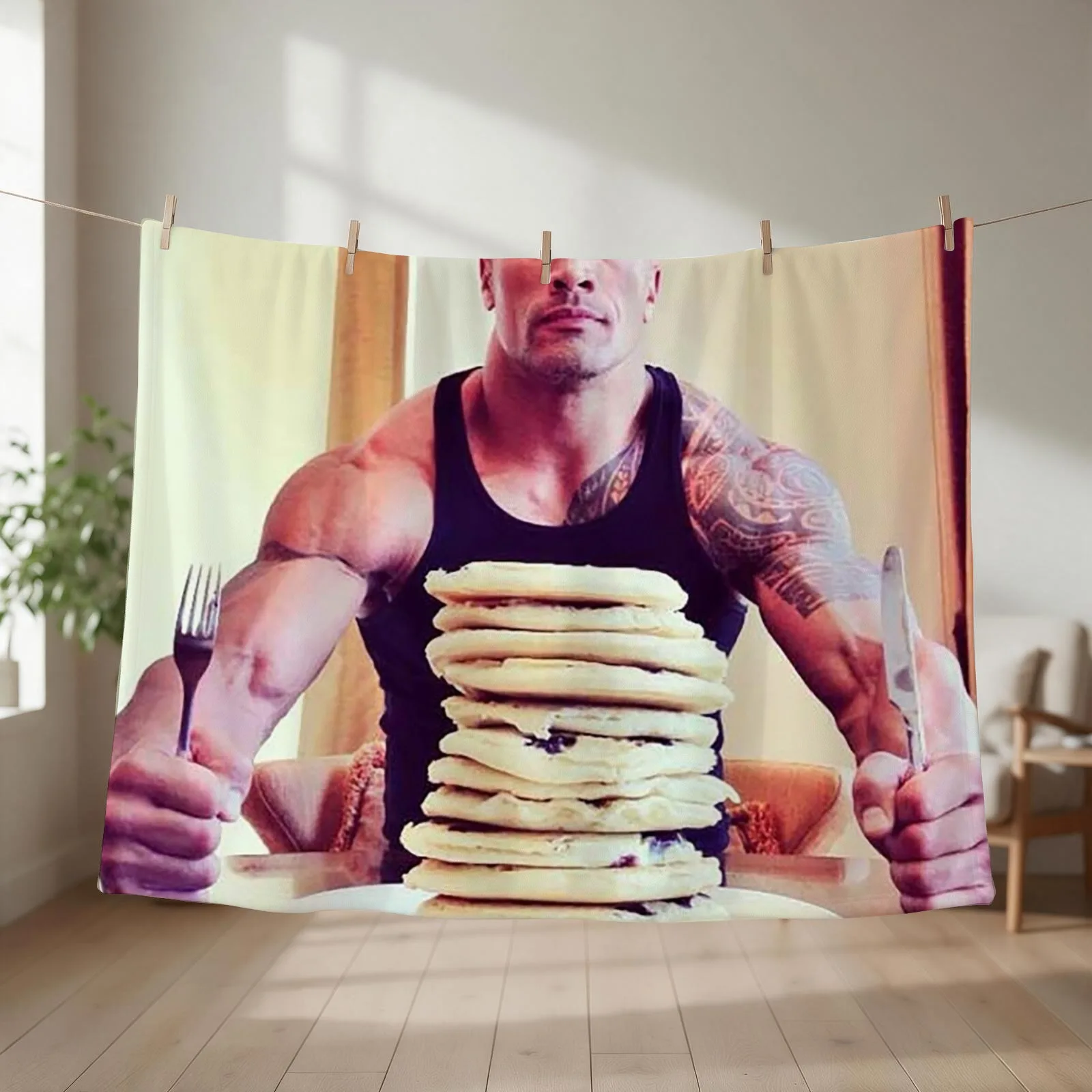 Dwayne The Rock Johnson Eating Blueberry Pancakes Throw Blanket couch cozy soft plush fuzzy picnic outdoor blanket