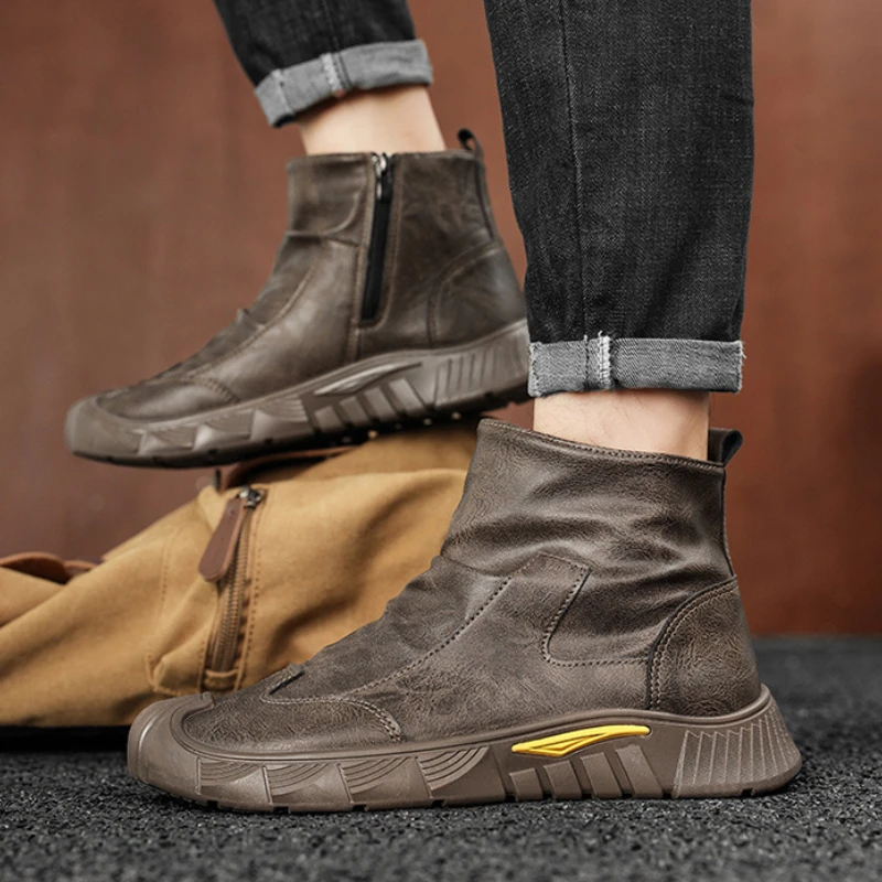 Botas de couro casuais masculinas inverno antiderrapante resistente ao desgaste botas de neve de corte médio novos sapatos de algodão impermeáveis confortáveis para homem