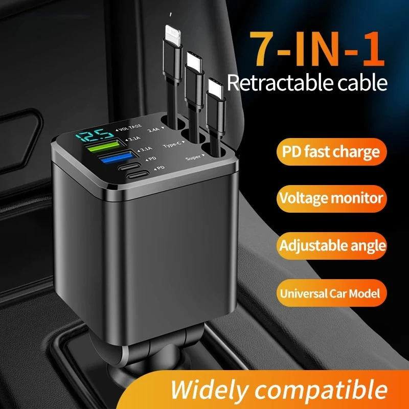7-in-1 Retractable 180° Adjustable Car Fast Charging Adapter
