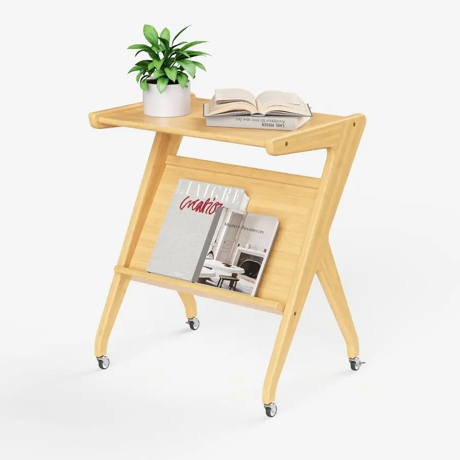 

Solid Wood 2Tier Rolling Side Table with Lockable casters, Mobile Small End Table with Magazine Rack for Living Room, Bedroom am