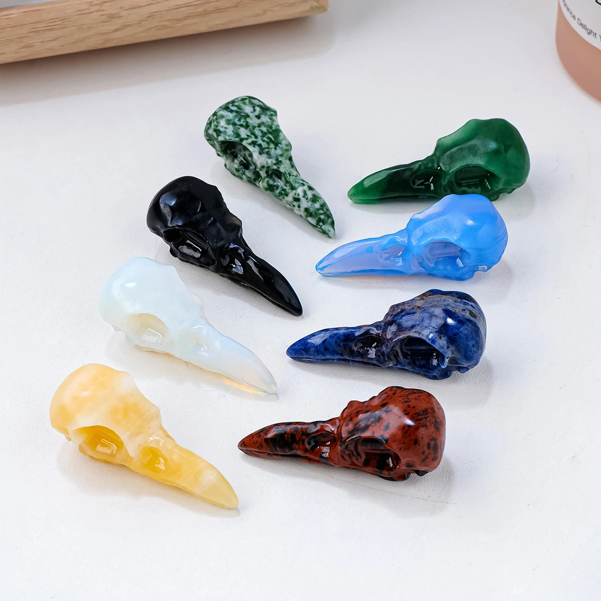 1PC Natural Crystal Stone Crow Skull Carving Obsidian Aventurine Quartz Home Decor Halloween Magic Energy Healing Gem Craft Gift
