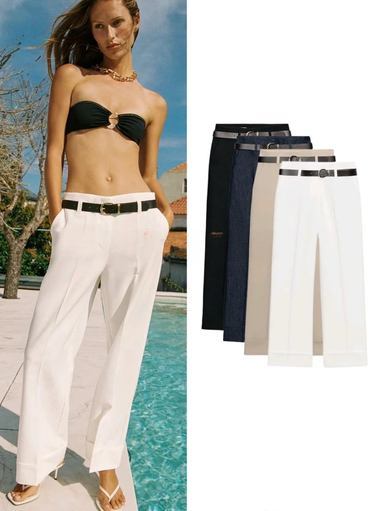 Fall New Arrival Commuter Style Zipper High Waist Cuffed Straight Leg Pants Belt Included Ladies Casual Trousers
