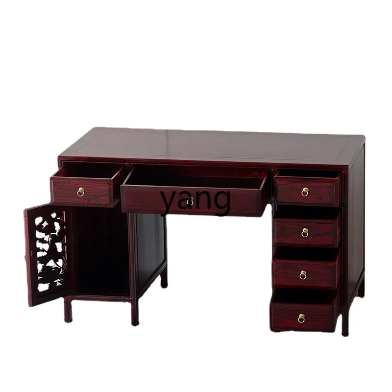 Yjq， Solid Wood Computer Table and Chair Combination Antique Elm Carved Writing Desk Chinese Medicine Clinic Table