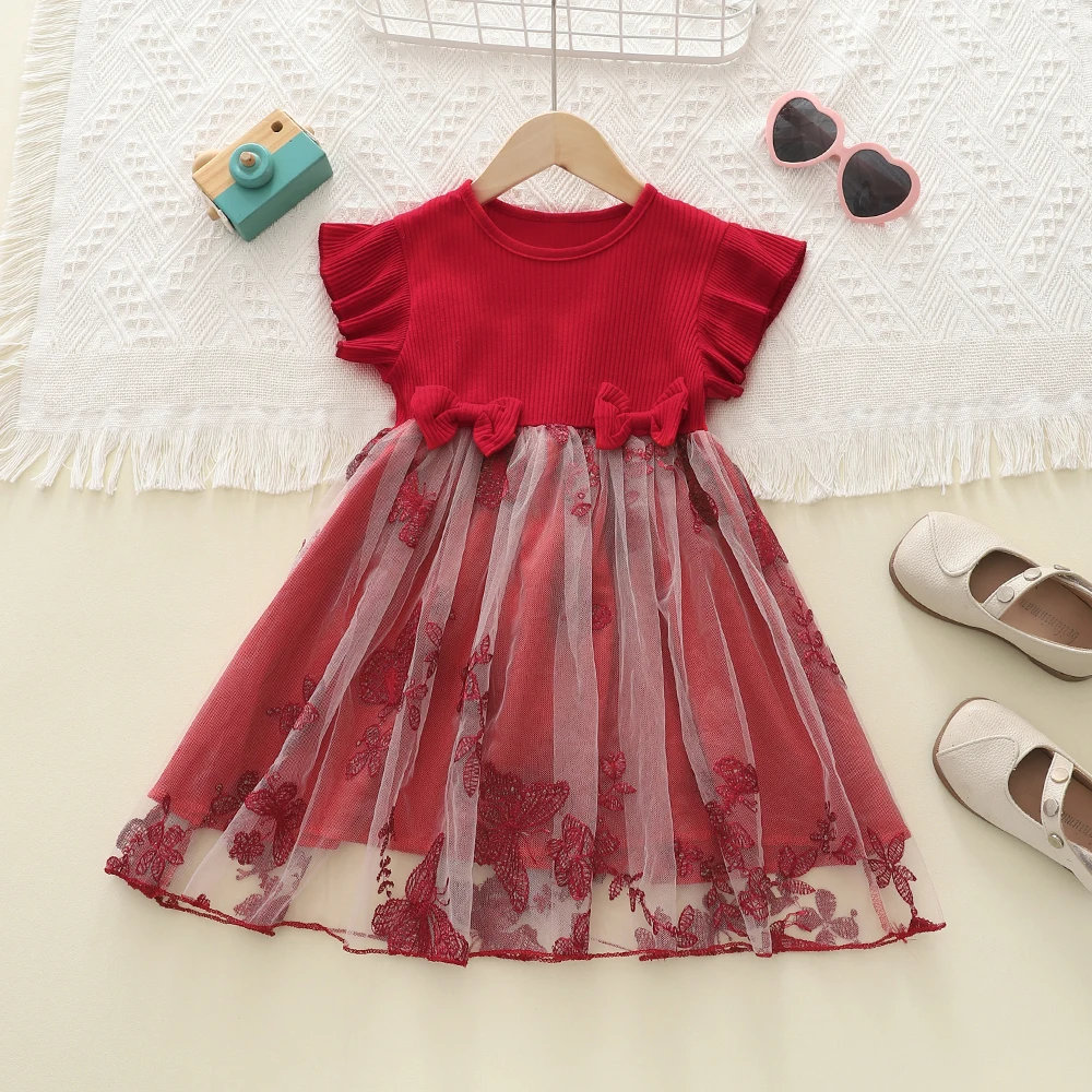 Summer Children's Dress Red Girl Round Neck Bow Mesh Butterfly Embroidery Flying Sleeve Princess Dress