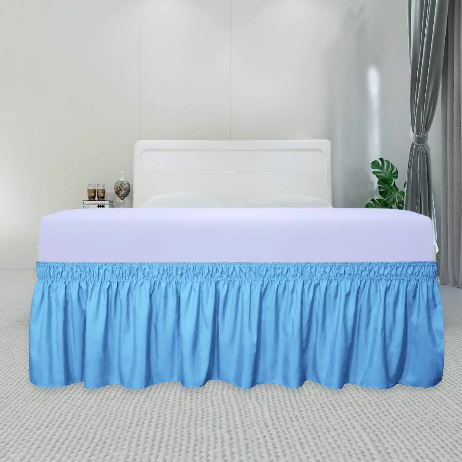 

Light Blue Wrap Around Ruffled Bed Skirt with Adjustable Elastic Belt Olympic Queen - 17" Drop Length Wrinkle Free Bedskirt