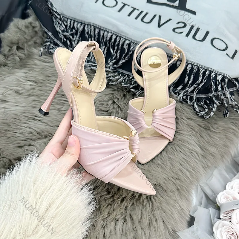 

Sexy 6/8CM High Heels Women Sandals Pleated Pointed Toe Heeled Slippers 2026 Summer Stilettos Pumps Elegant Party Wedding Shoes