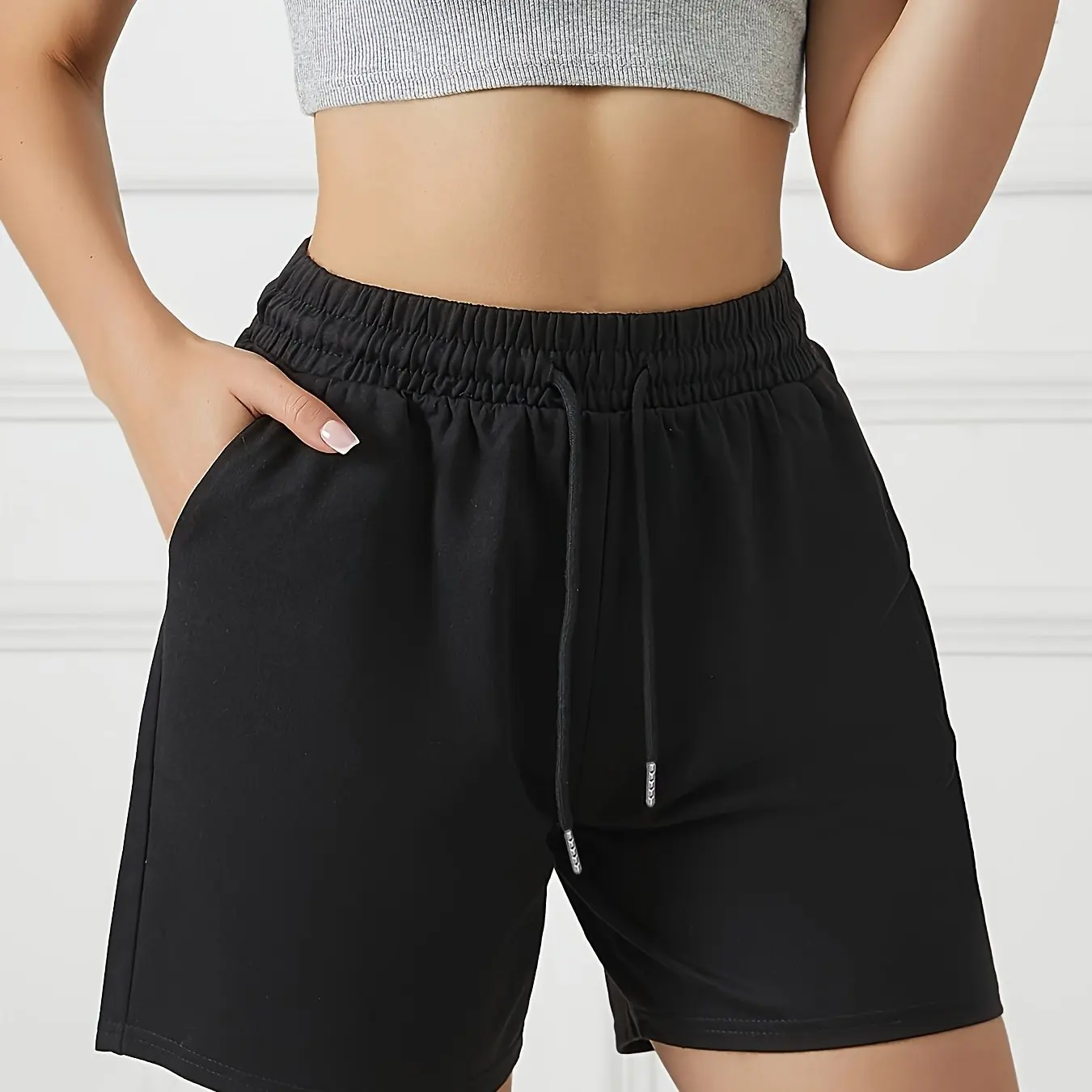 Ladies' Front Pocket Waist Drawstring Sports Pants for Casual Running and Exercise, Pure Cotton Shorts