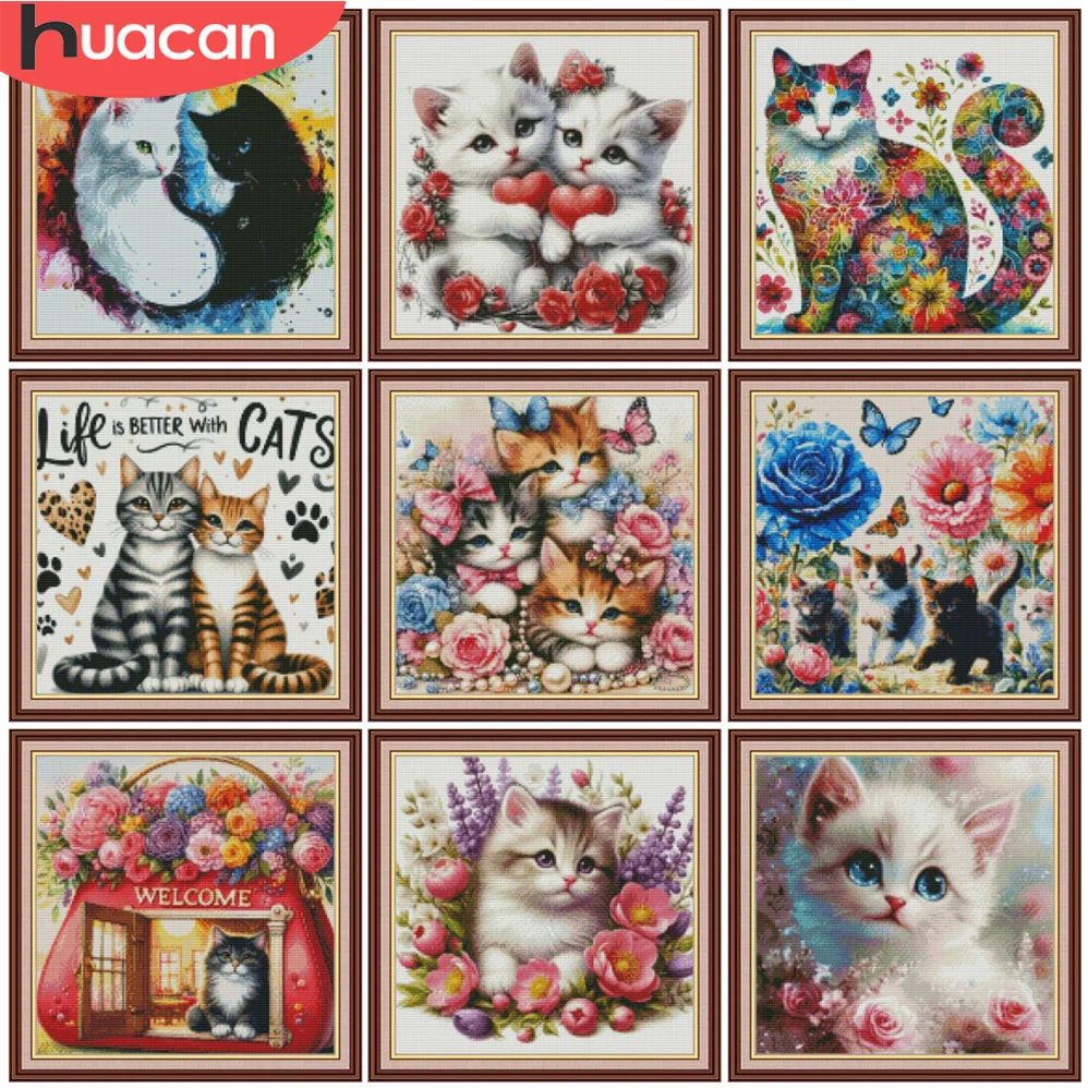 HUACAN 11CT Stickerei-Sets Katze Blume Komplettes Kreuzstich-Set Tier- und Blumenmuster Handarbeit Handgestickte Leinwand Wanddekoration