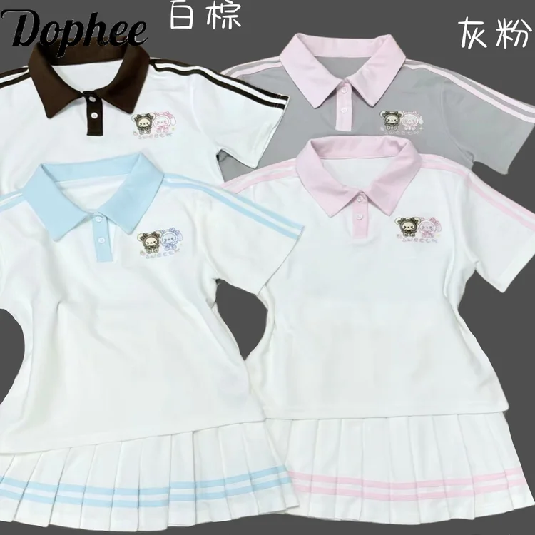 Dophee School Students Uniform Suit Embroidery Cartoon Colorblock Short Sleeve T-shirt Top + Lolita Short A-line Pleated Skirt