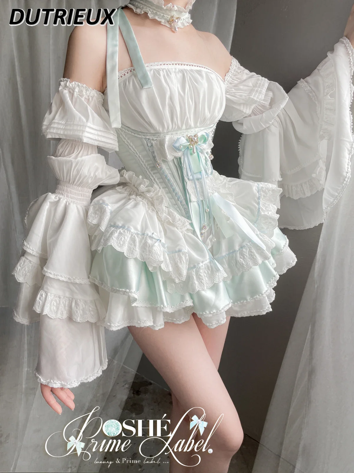 

Japanese Style Sweet Girl Outfits Off-the-Shoulder Tube Top Lace-up Tops and Base Short Pantskirt Trailing Accessories Set