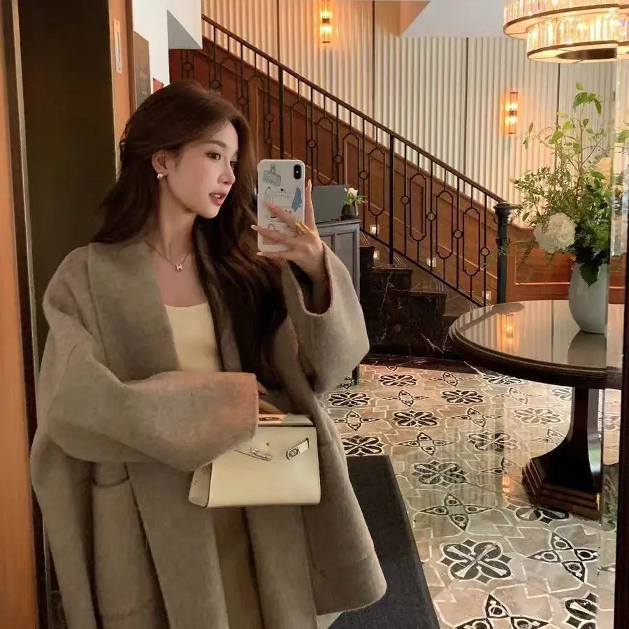 Loose Fit Medium Length Woolen Coat Women's Small Size Autumn Winter New Double Sided Woolen Coat Simple Style Long Sleeve