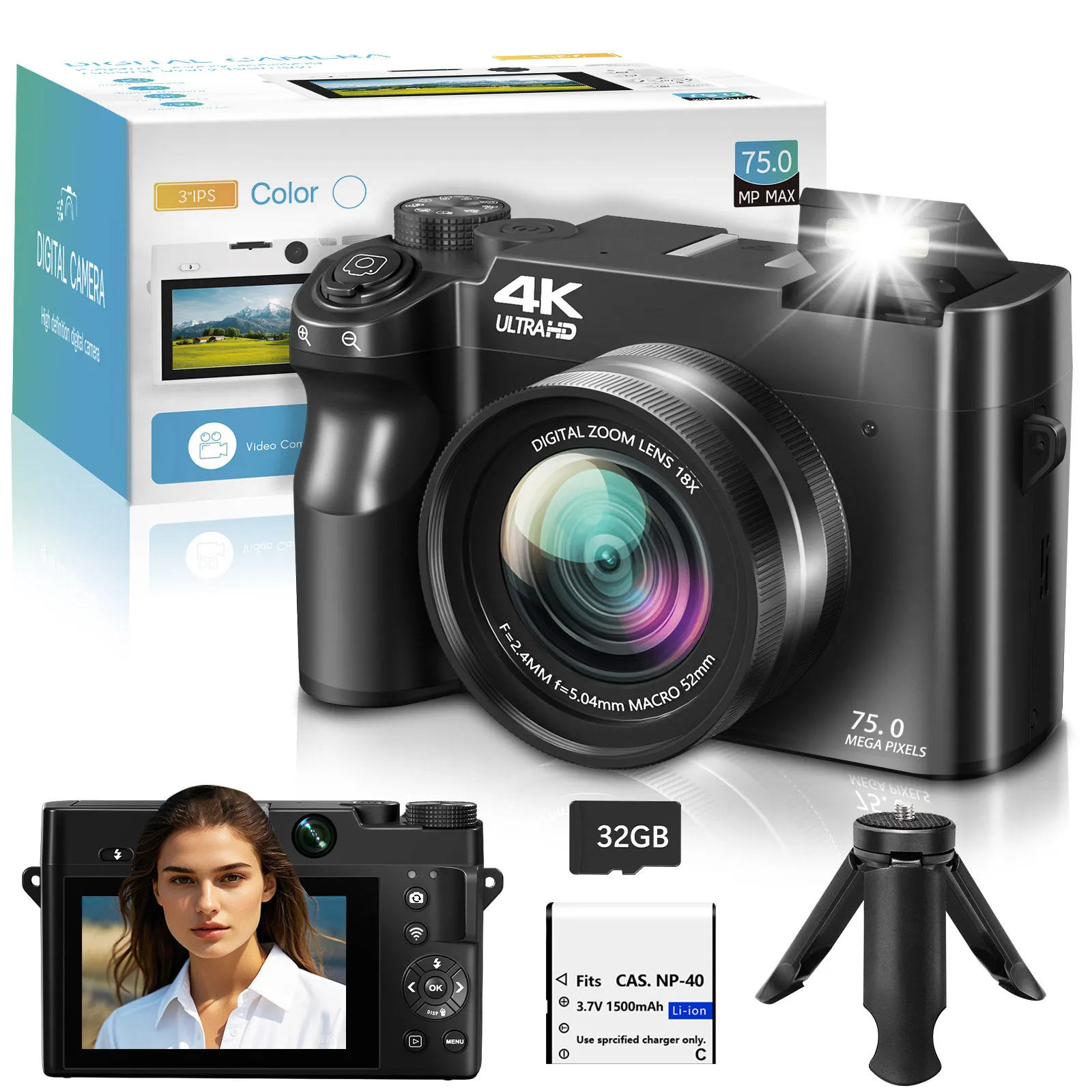 Câmera digital 4K - 75MP frontal e traseira com autofoco e antivibração, câmera selfie vlogging de 3 '', flash ultra brilhante, zoom 18X