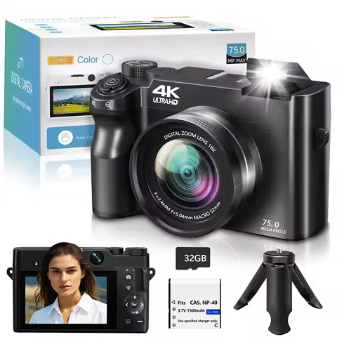 4K Digital Camera - 75MP Front & Rear with Autofocus & Anti-Shake, 3'' Selfie Vlogging Camera, Ultra Bright Flash, 18X Zoom
