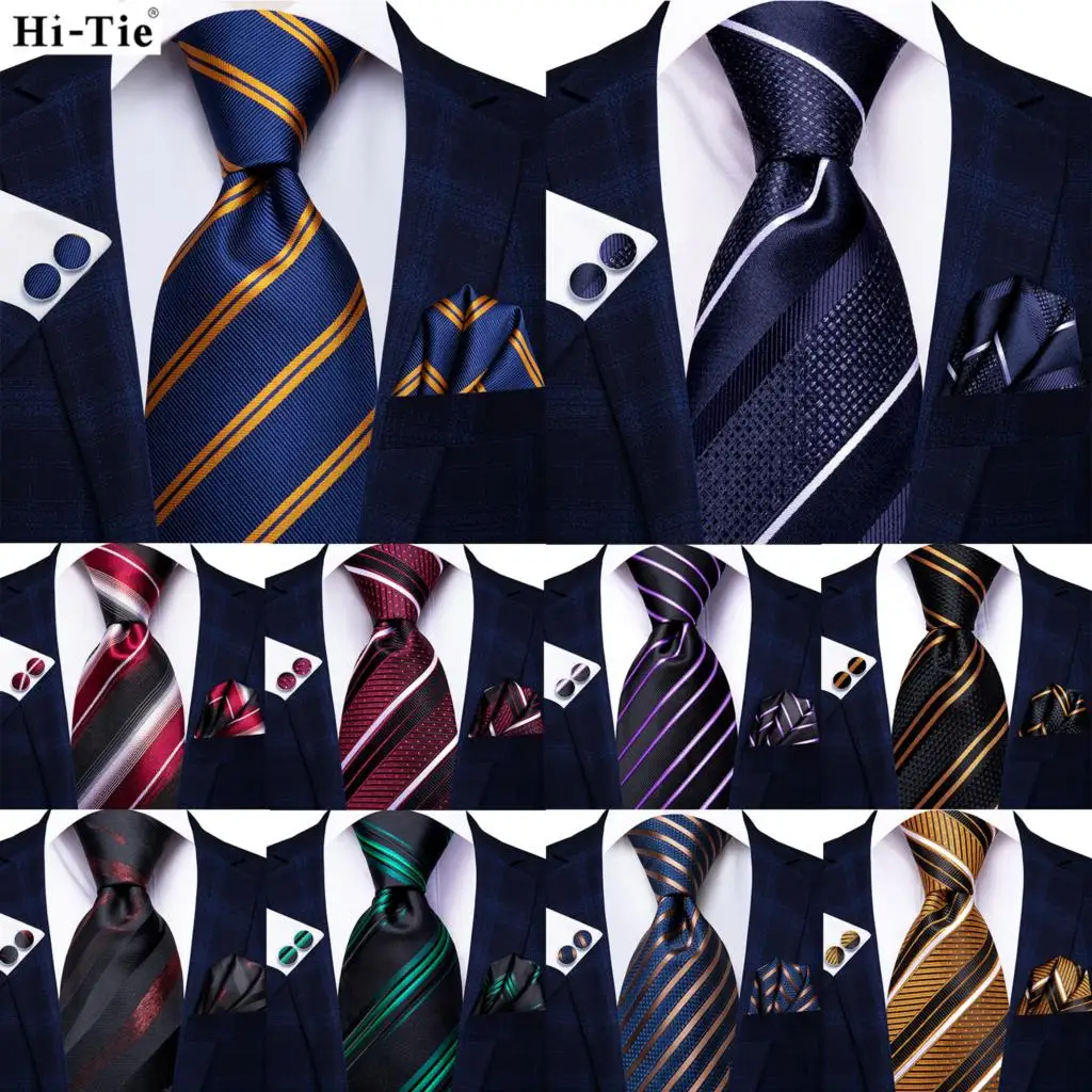 Hi-Tie Designer Navy Blue Striped Silk Wedding Tie For Men Fashion Gift Men Necktie Hanky Cufflink Business Party Dropshipping