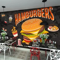 Custom Size Wall Art Cartoon Fast Food Mural Poster Graffiti Hamburger Restaurant Coffee Shop Photo Wallpaper Papel De Parede 3D