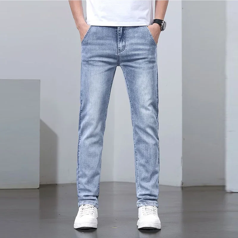 Versátil fino ajuste respirável calças 2025 homens primavera verão estilo básico impressão jeans masculino elasticidade solta calças jeans retas