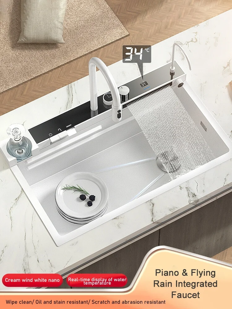 

White Flying Rain Waterfall Sink 304 stainless steel digital dishwasher kitchen household large single sink dishwasher