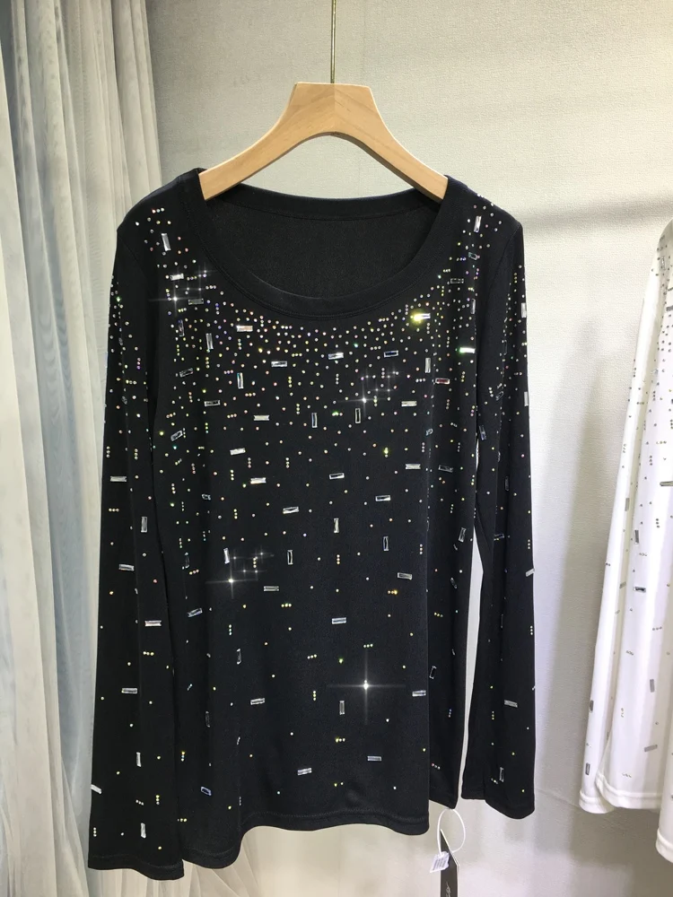 Hot Diamond Bottoming Shirt Women's Light and Breathable Round Neck Long-sleeved Top Loose Sunscreen Shirt Spring and Summer