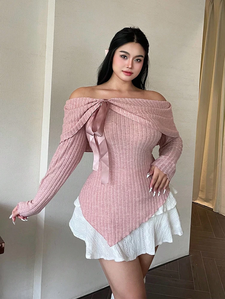 Plus Size Womens Solid Colour Strapless Long Sleeve Simple T Shirt Spring Daily Casual Dress Up Cute Wind Pure Colour Polyester