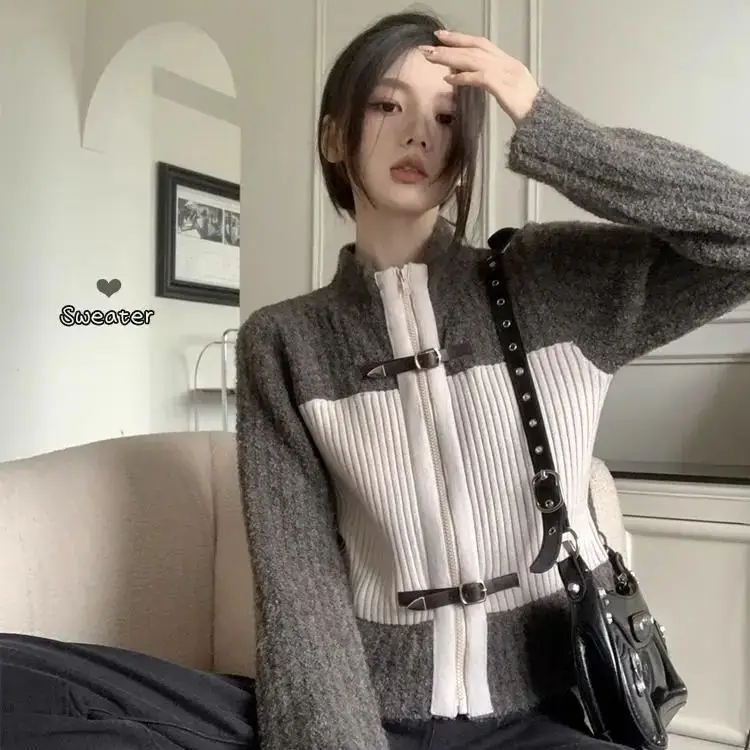 

Retro Knitted Cardigan Contrast Color Sweater Women Autumn Winter Lazy Style Jacket Design Niche Loose Top