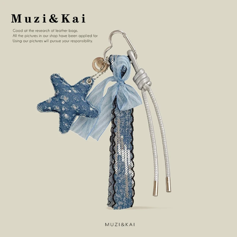 【Spend $37 or more and get $7 off】Bag charm keychain, creative denim fabric heart bag charm, sequin ribbon plaid button key