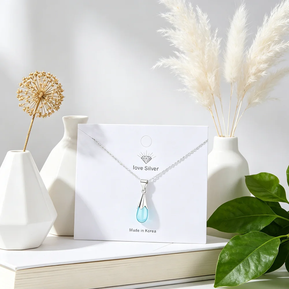 Beautiful Women Blue Crystal 925 Sterling Silver Jewelry Simple Water Drop Temperament Clavicle Chain Pendant Necklaces