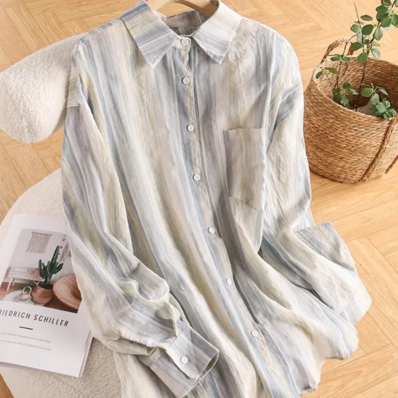 

Chinese Style Women's Blouses Striped Vintage Shirts Fashion Loose Summer Clothing Long Sleeved Cotton Linen Women Tops