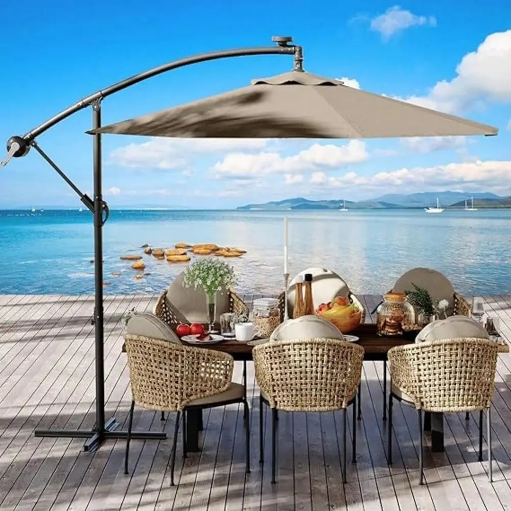 

10FT Cantilever Patio Umbrella With Cross Base, Outdoor Offset Market Umbrella With Infinite Tilt And Crank Lift, Outside Umbre