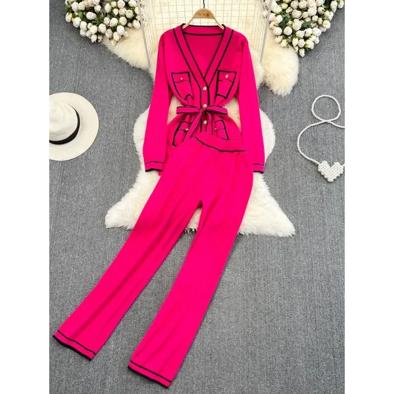 Fashion Women\'s Suits Autumn Long-Sleeve Lace-Up Waist V-Neck Knitted Cardigan Coat+ Wide-Leg Pants Knit Two Piec Set N242