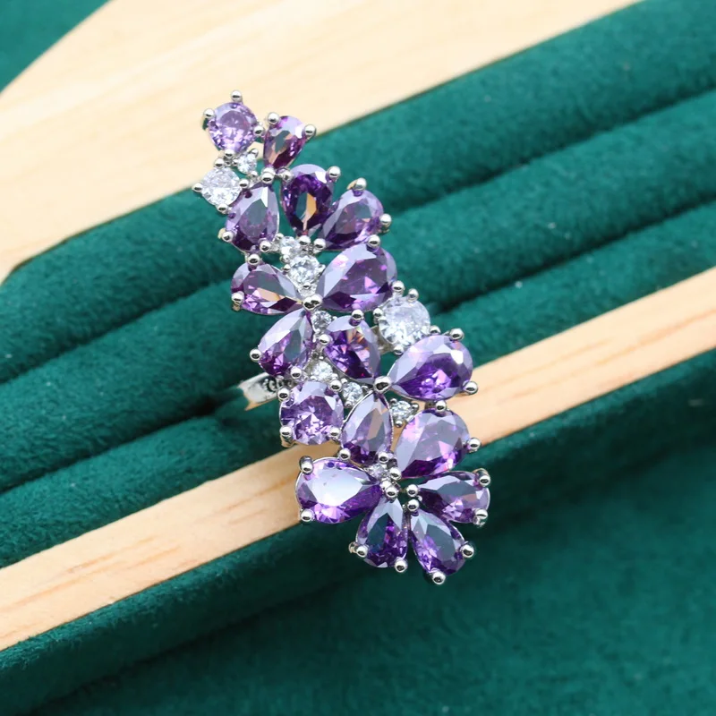 Luxurious Purple Zircon 925 Sterling Silver Jewelry set for Women Wedding Bracelet Earrings Necklace pendant Ring Holiday Gift