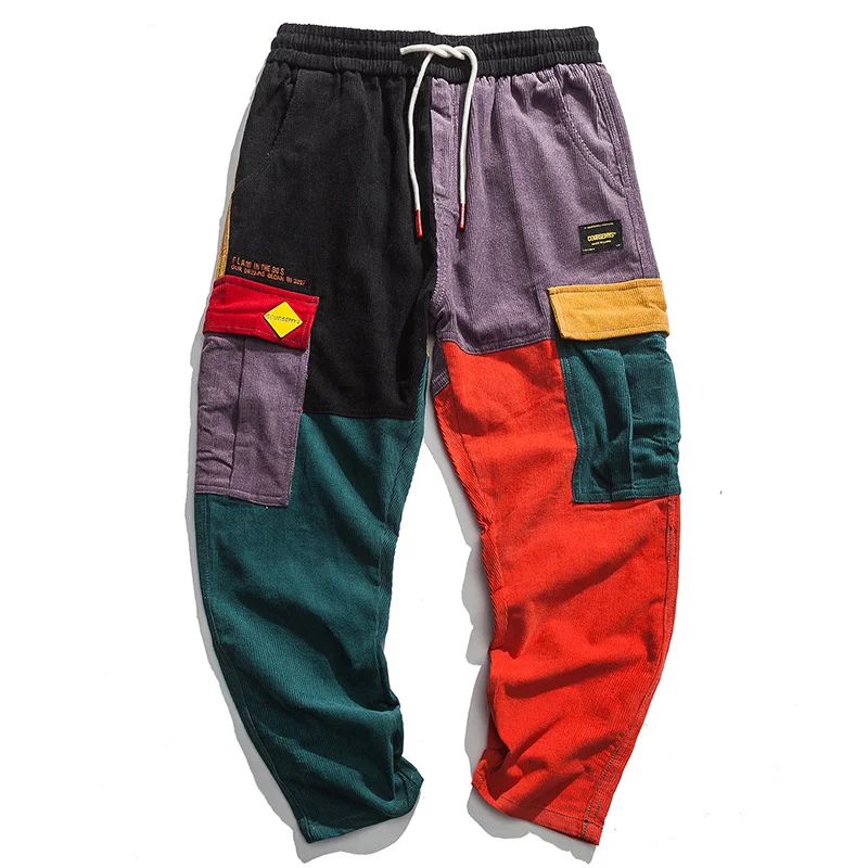 Patchwork Corduroy Pockets Cargo Pants Men Vintage Harem Joggers Harajuku Sweatpants Hip Hop Streetwear Trousers