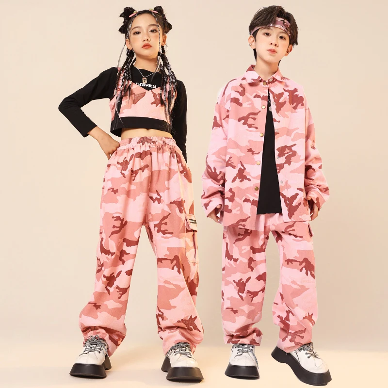 Kids Pink Camouflage Kpop Outfits Girls Jazz Dance Costume Boys Hip Hop Clothing Stage Performance Street Dance Wear SL9377