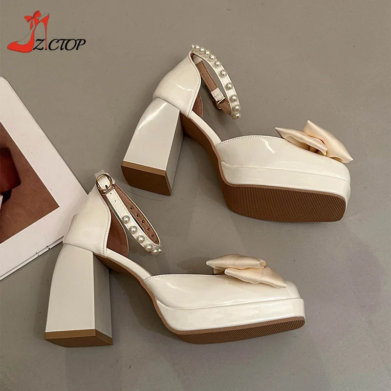 Pink Bowknot High Heels Platform Pumps Women 2024 Summer Fashion Sweet Square Toe Chunky Sandals Party Wedding Shoes Ladies