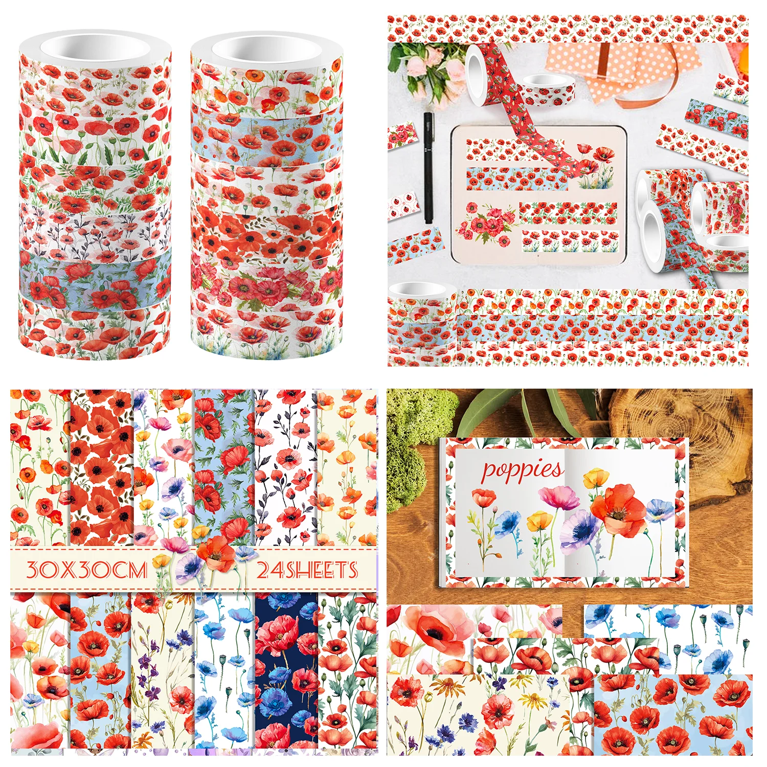 Washi Tape und Scrapbooking-Papier mit rotem Mohnblumenmuster, doppelseitiges Origami-Kunsthintergrund, Fotoalbum, Dekor, DIY-Bastelpapier