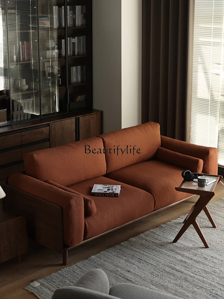 

Nordic Black Walnut Wooden Sofa Modern Simple Small Apartment Living Room Fabric Craft Sofa Combination