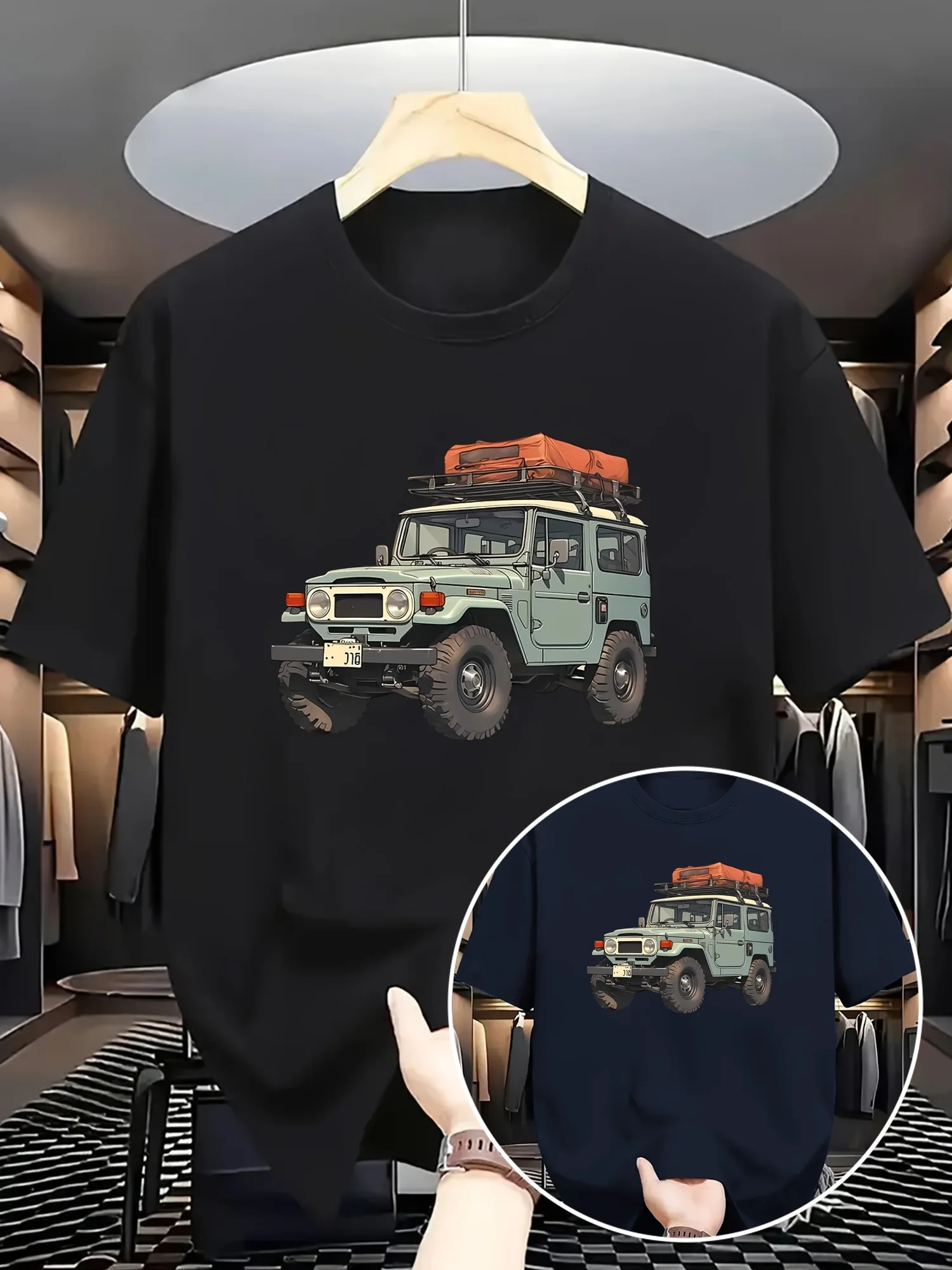 

Мужская футболка с рисунком внедорожников — темно-синяя, повседневная футболка с коротким рукавом и принтом на багаж, удобная круглая шея