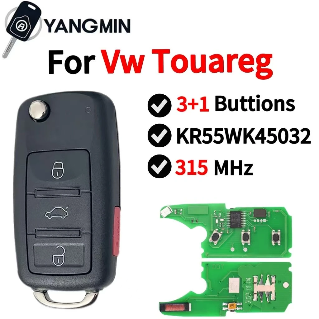 

YANGMINFlip Car Key For 2002-2010 VOLKSWAGEN VW Phaeton Touareg 3+1 Buttons Replacement Remote Shell Case Cover KR55WK45032