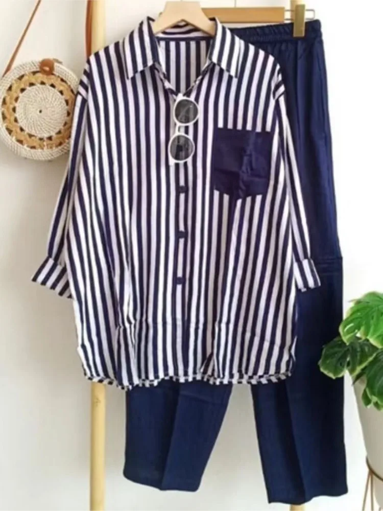 Frühling Herbst Mode Druck Gestreiftes Hemd Langarm Anzug frauen Casual Lose Einfache Urlaub Weibliche Büro Hosen 2-stück Sets