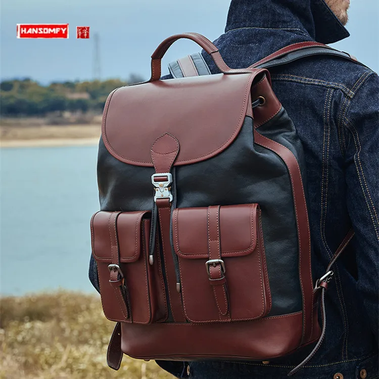 

Automatic Buckle Genuine Leather Large Capacity Men Backpack Travel Bag First Layer Cowhide Men's Backpack Schoolbag Laptop Bags