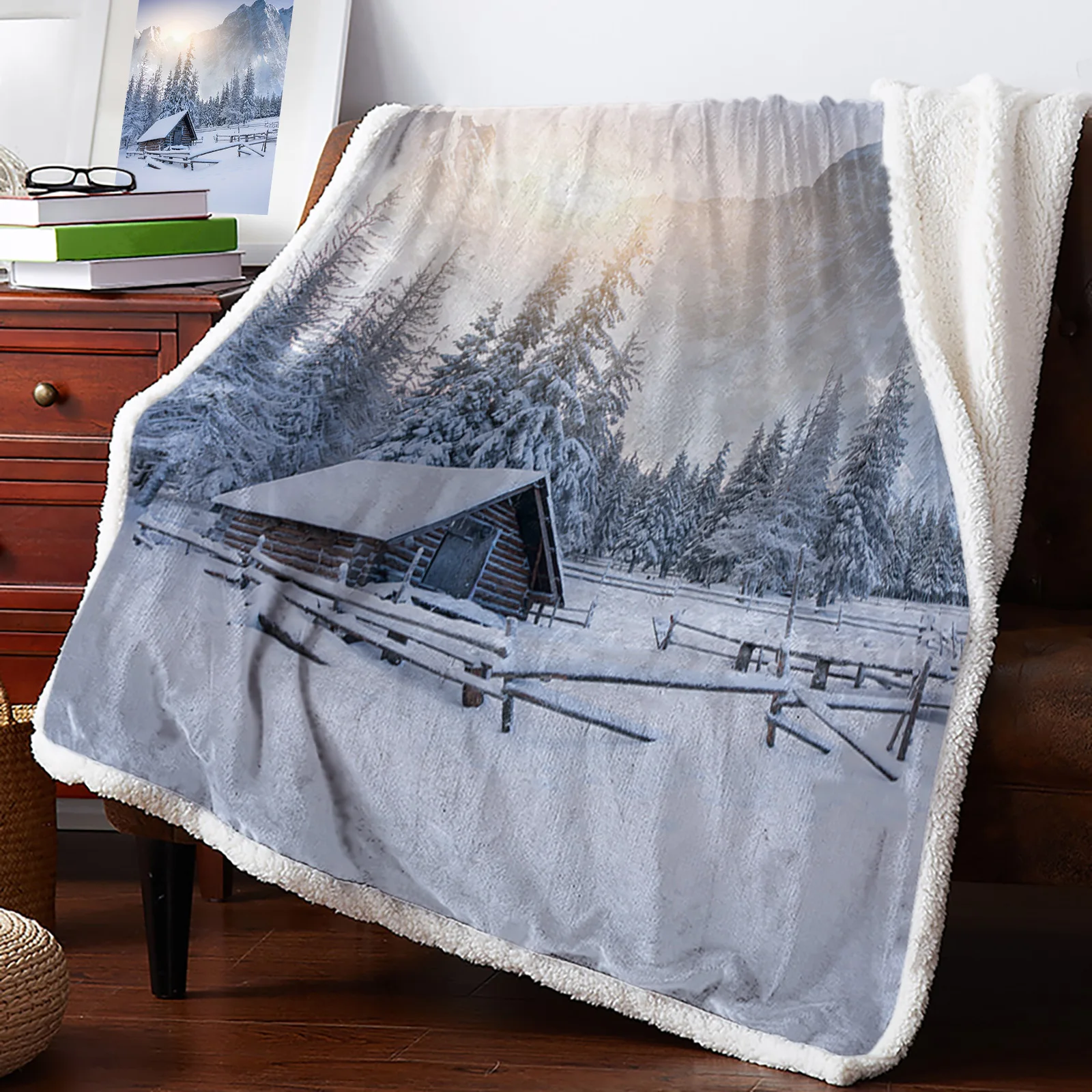 Winter Snow Mountain Morning Scenery House Lamb Cashmere Fleece Blanket Home Bed Sofa Winter Sherpa Bedding Kids Thick Bedspread