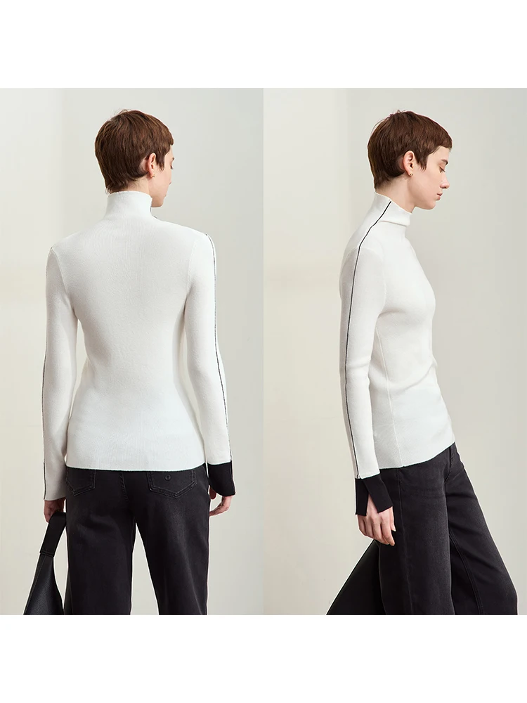 AMII Minimalist New Turtleneck Asymmetrical Sweater for Women 2024 Autumn Contrast Color Splicing Slim-fit Split Cuff 12453067